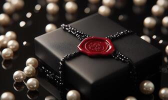A black box with a red wax seal on it photo