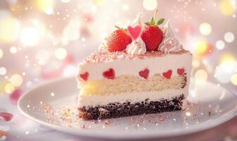 A slice of cake with strawberries and hearts on top photo