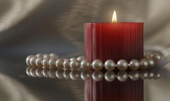 A red candle is lit and is sitting on a table photo
