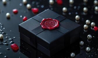 A black box with a red wax seal on it photo