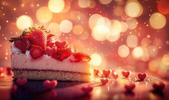 A slice of cake with strawberries and hearts on top photo