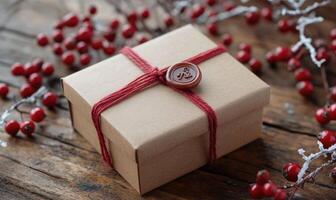 A brown box with a red ribbon and a red stamp on it photo