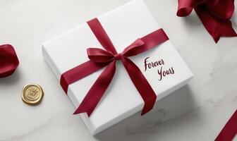 A white box with a red bow and the words Forever Yours written on it photo