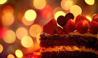 A slice of chocolate cake with strawberries on top photo