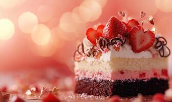 A slice of cake with strawberries and chocolate on top photo