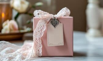 A pink box with a heart tag and a pink ribbon photo