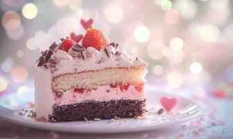 A slice of cake with strawberries on top photo