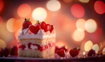 A slice of cake with strawberries and hearts on top photo