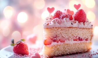 A slice of cake with strawberries and hearts on top photo