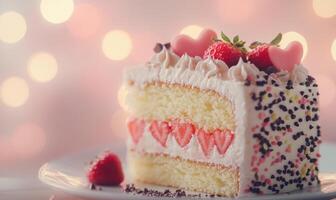 A slice of cake with strawberries and hearts on it photo