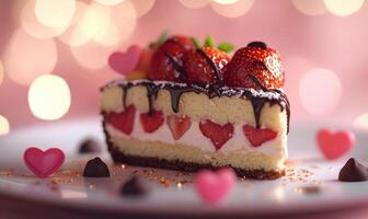 A slice of cake with strawberries and chocolate drizzled on top photo