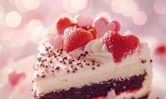 A slice of cake with strawberries and hearts on top photo