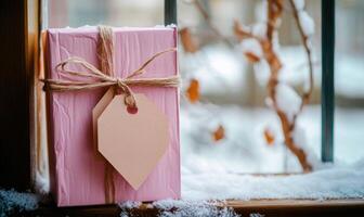 A pink box with a ribbon and a tag on it photo