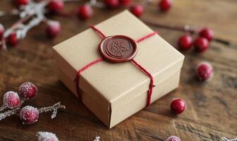 A brown box with a red wax seal and a red string photo