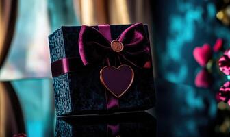 A black box with a red bow and a heart on it photo