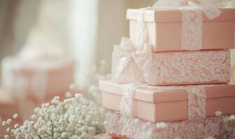 Three pink boxes stacked on top of each other with lace bows on them photo