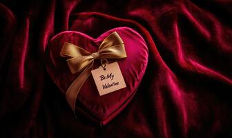 A heart shaped box with a ribbon and a tag that says Be my Valentine photo