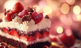 A slice of cake with strawberries and chocolate hearts on top photo