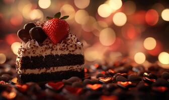 A slice of chocolate cake with strawberries on top photo