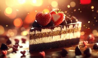 A slice of cake with two strawberries on top and a heart on the side photo