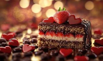 A slice of chocolate cake with strawberries on top and chocolate drizzle photo