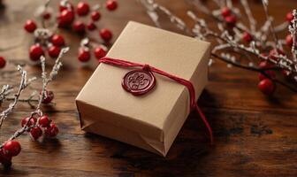 A brown box with a red label on it photo