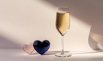 A glass of champagne is on a table with two heart shaped objects photo