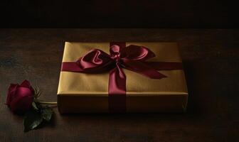 A gold box with a red ribbon on top of it photo