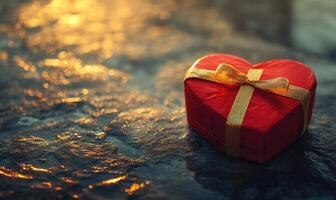 A red box with a gold bow on top of it photo