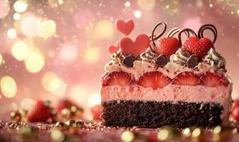 A slice of cake with strawberries and chocolate on top photo