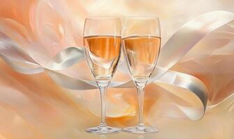 Two wine glasses are on a table with a ribbon photo