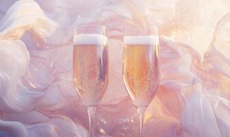 Two champagne glasses are on a table with a pink cloth photo