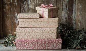 A stack of boxes with pink bows on top photo