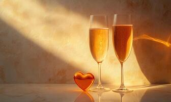 Two glasses of champagne with a heart shaped object in between them photo