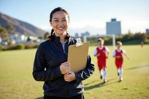 smiling Asian woman with braided hair, holding a clipboard, on a soccer field with two male soccer players in red uniforms in the background. photo