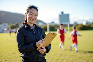 smiling Asian woman with braided hair, holding a clipboard, on a soccer field with two male soccer players in red uniforms in the background. photo
