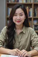 Asian woman with long dark hair, wearing a green button-up shirt, smiling warmly. She is seated in front of a bookshelf filled with books. photo