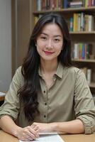 Asian woman with long dark hair, wearing a green button-up shirt, smiling warmly. She is seated in front of a bookshelf filled with books. photo
