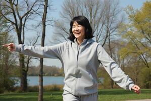 smiling Asian woman with shoulder-length black hair, wearing a dark tracksuit, runs on a tree-lined path near a serene lake photo