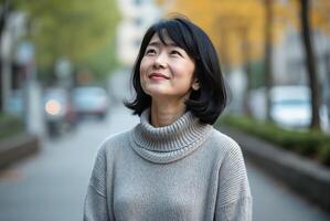 older Asian woman with short black hair, wearing a grey turtleneck sweater, smiling on a tree-lined street. She has a slight build and wears glasses. photo