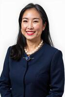 smiling Asian woman with long dark hair, wearing a navy blue suit, pearl necklace, and pearl earrings, set against a plain white background. photo