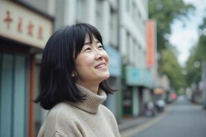 older Asian woman with short black hair, wearing a grey turtleneck sweater, smiling on a tree-lined street. She has a slight build and wears glasses. photo