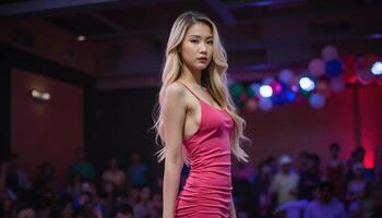 A blonde woman in a pink dress poses confidently in a party setting with colorful lights and balloons photo