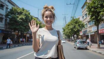 A smiling Asian woman with a bun hairstyle waves on a street with shops and trees, under bright daylight photo