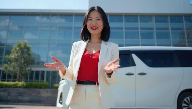 A smiling Asian woman in a white suit and red top gestures in front of a modern building and a white van photo