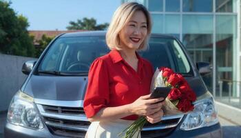 A smiling Asian woman in a red blouse and white skirt stands beside a black van, holding red roses photo