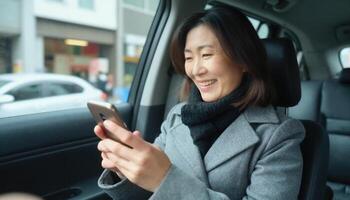 A middle aged Asian woman with shoulder length black hair, wearing a gray coat and scarf, smiles while using a smartphone in a car photo