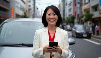 A smiling Asian woman in a white blazer and red shirt holds a smartphone in a busy urban street photo