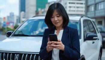 A woman with short black hair in a navy suit looks at her phone beside a white SUV in an urban setting photo