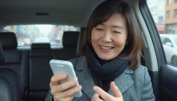 A middle aged Asian woman with shoulder length black hair, wearing a gray coat and scarf, smiles while using a smartphone in a car photo